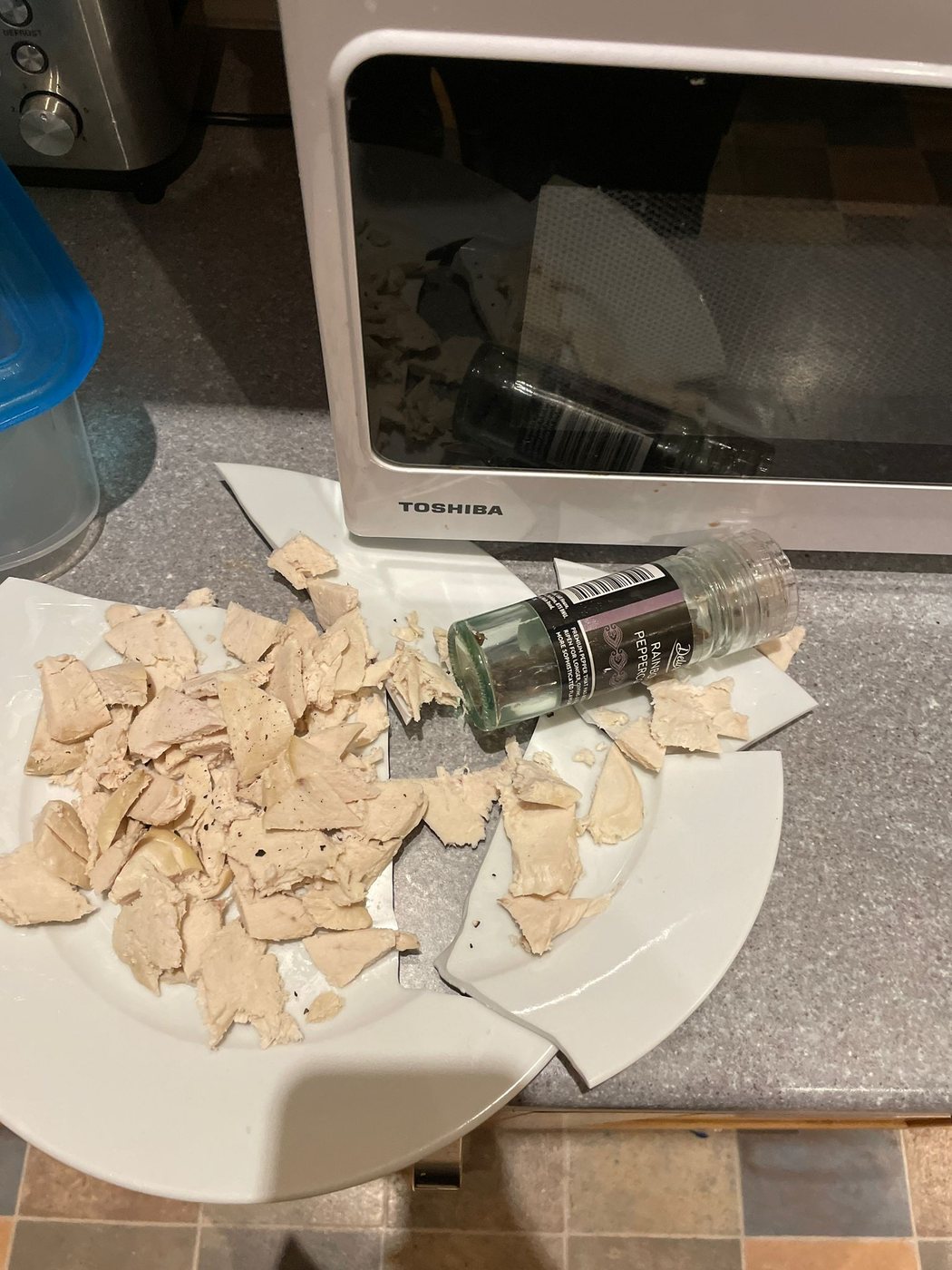 A plate snapped in half on a kitchen worktop, chicken scattered across it, next to a microwave