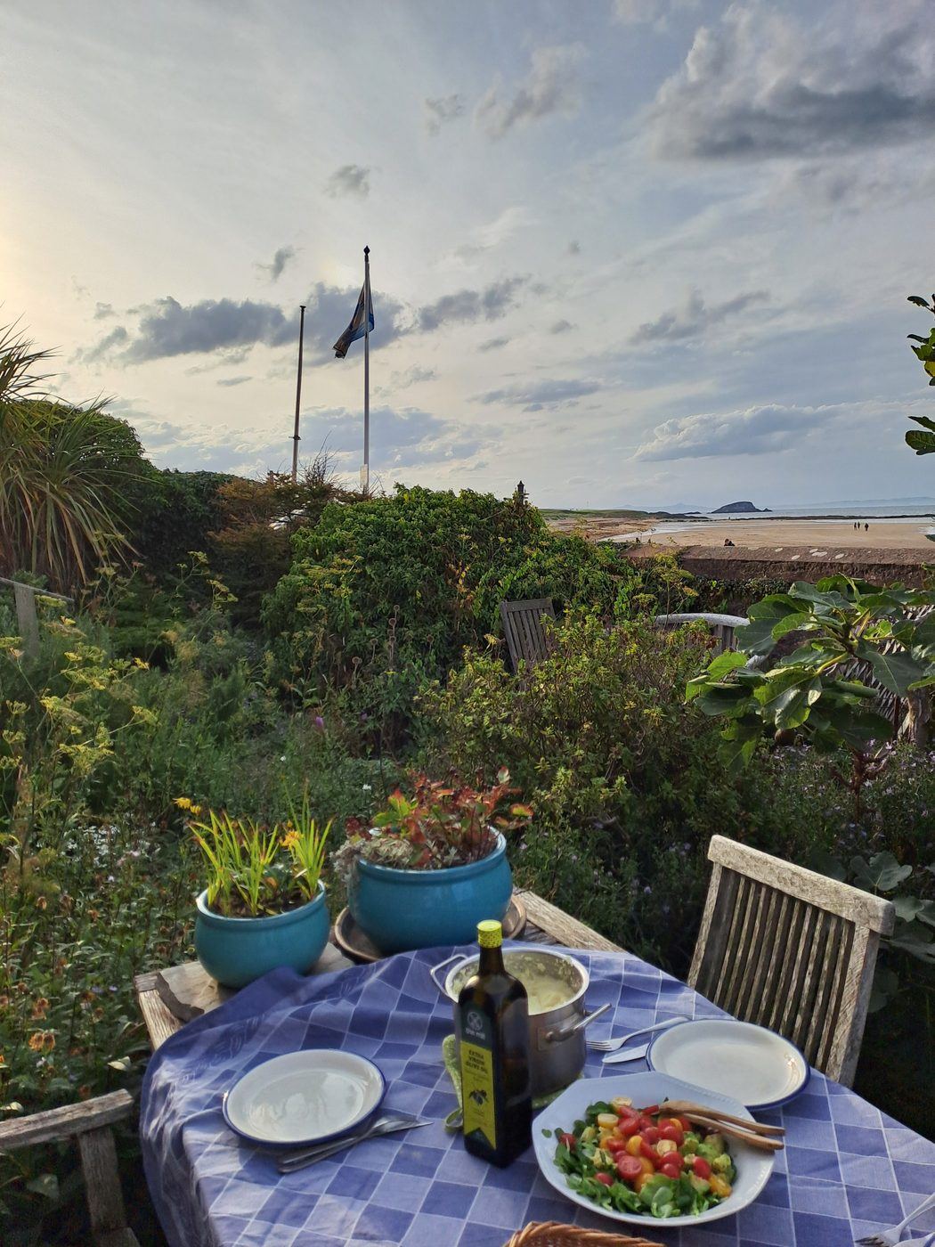 A dinner table set outdoors in a garden by the beach, with fresh food and extra virgin olive oil