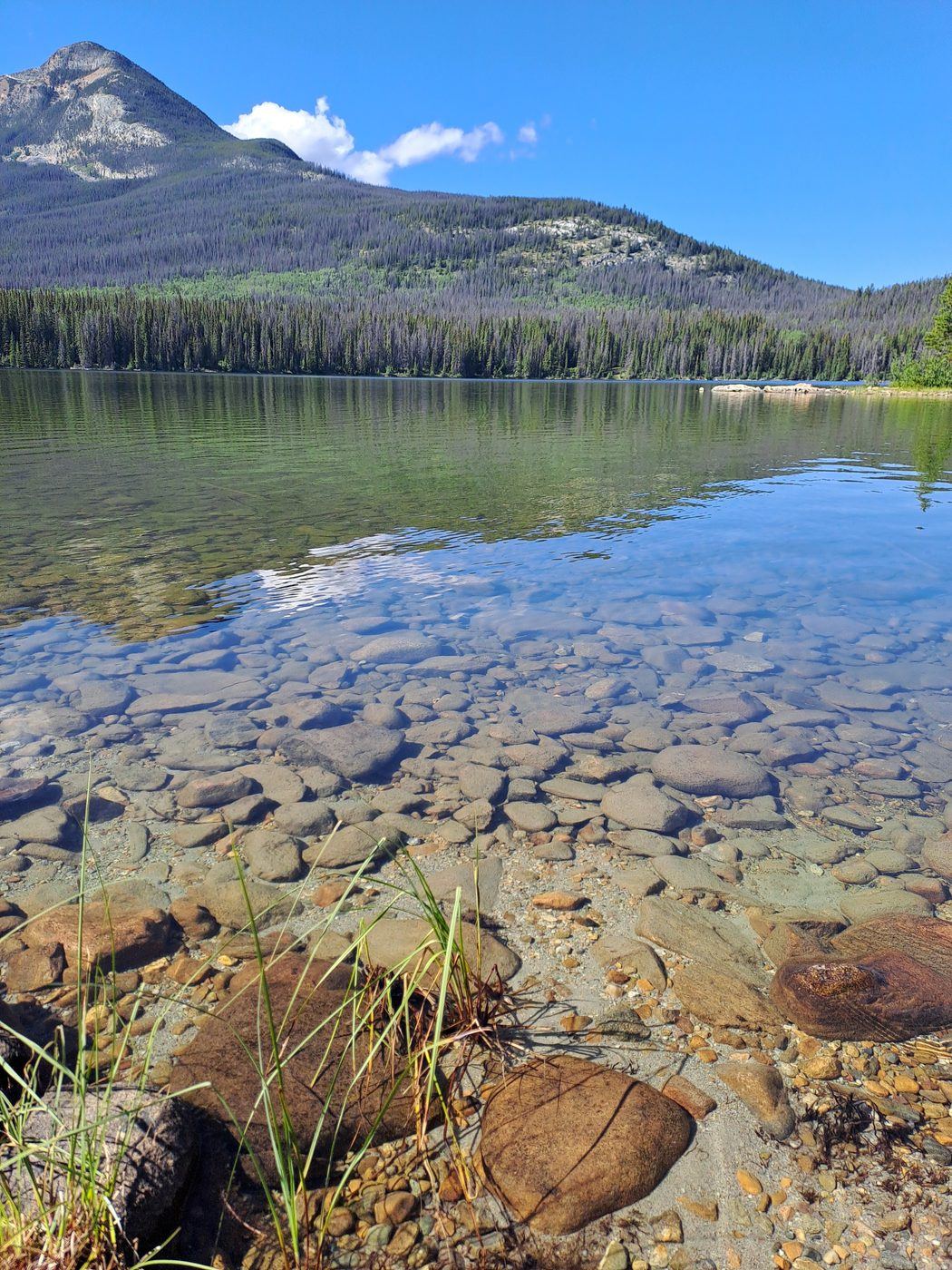 A crystal clear mountain lake with every stone visible on the bottom