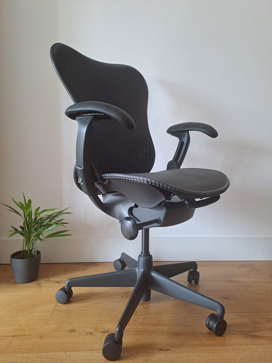 A Herman Miller Mirra chair on a wooden floor next to a plant